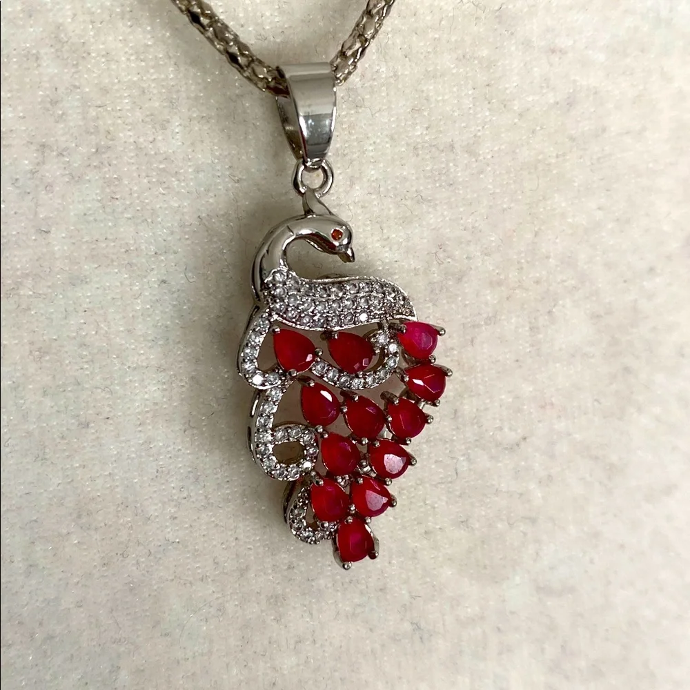 Beautiful Ruby Peacock Diamond Accents Pendant Necklace Stunning Glamour